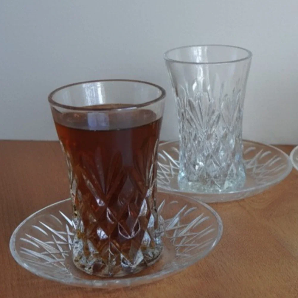 VTG Pressed Glass & Saucer Diamond Point Flared Tumbler Clear MCM Barware 4PK